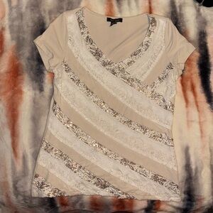 White House Black Market Beige Sequin Short Sleeve Top